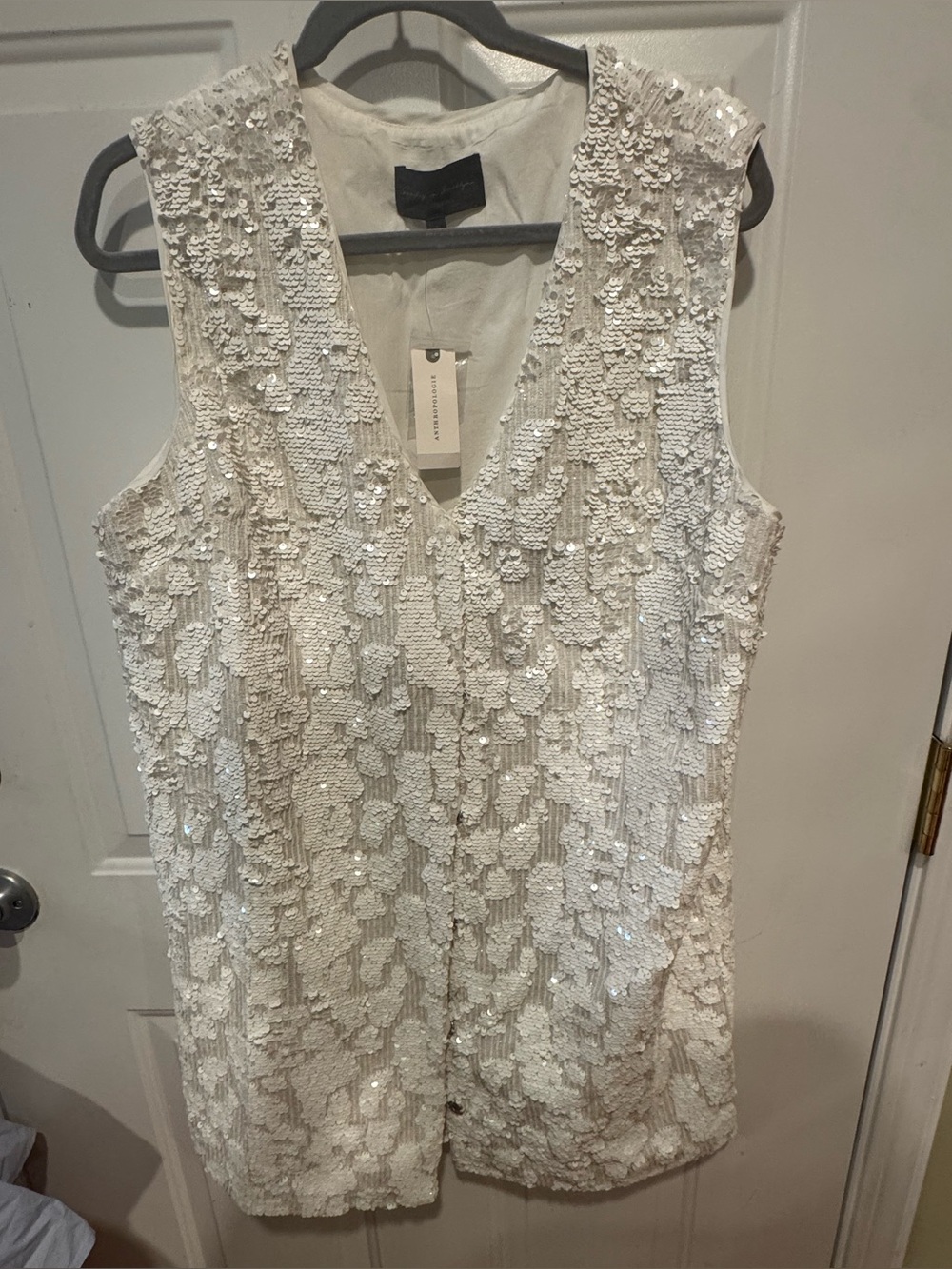 Anthropologie White Sequin & Beaded Sleeveless V-Neck Dress